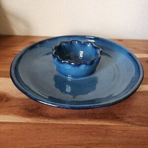 Salsa & chips party platter plate handmade blue glaze pottery Mexican style flut